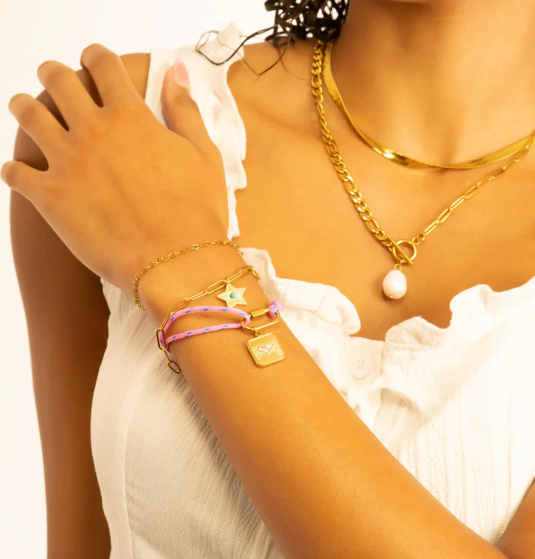 18K Gold PVD Stainless Steel Hot Pink Rope Carabiner Bracelet